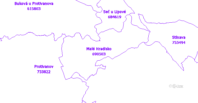 Katastrální mapa Malé Hradisko - přehledová mapa katastrálního území