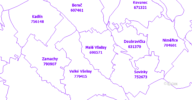 Katastrální mapa Malé Všelisy - přehledová mapa katastrálního území