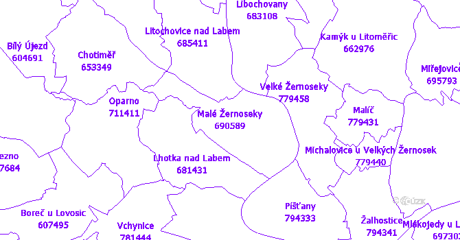 Katastrální mapa Malé Žernoseky - přehledová mapa katastrálního území