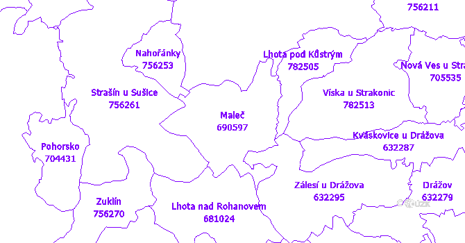 Katastrální mapa Maleč - přehledová mapa katastrálního území