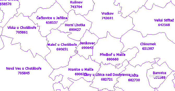 Katastrální mapa Jeníkovec - přehledová mapa katastrálního území