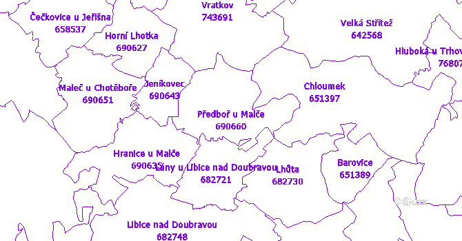 Katastrální mapa Předboř u Malče - přehledová mapa katastrálního území