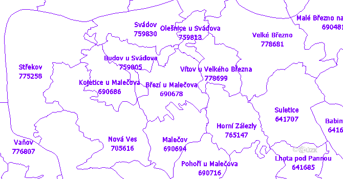 Katastrální mapa Březí u Malečova - přehledová mapa katastrálního území