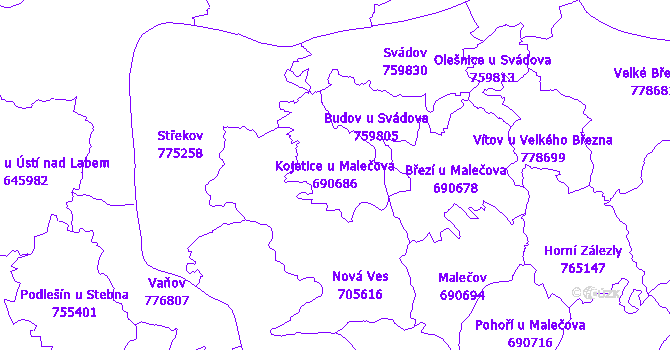 Katastrální mapa Kojetice u Malečova - přehledová mapa katastrálního území