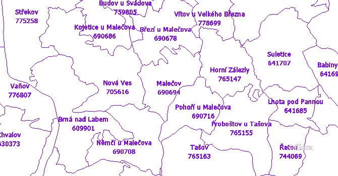 Katastrální mapa Malečov - přehledová mapa katastrálního území