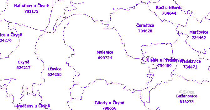 Katastrální mapa Malenice - přehledová mapa katastrálního území