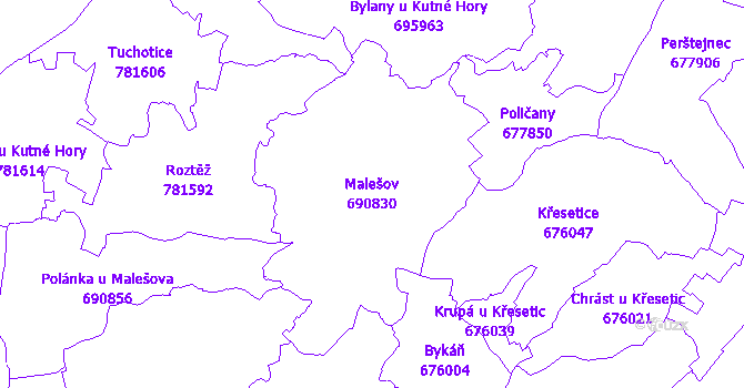 Katastrální mapa Malešov - přehledová mapa katastrálního území