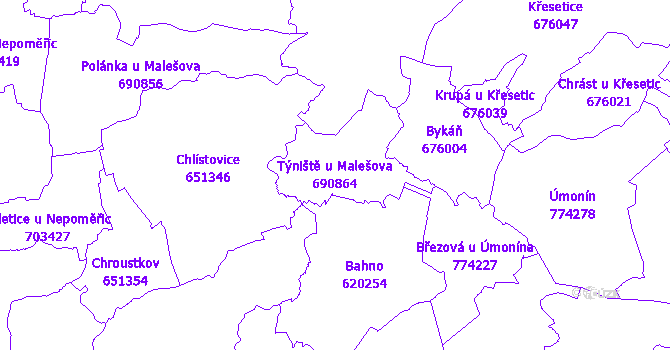 Katastrální mapa Týniště u Malešova - přehledová mapa katastrálního území