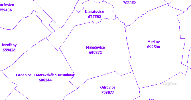 Katastrální mapa Malešovice - přehledová mapa katastrálního území
