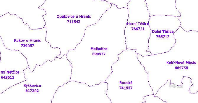 Katastrální mapa Malhotice - přehledová mapa katastrálního území