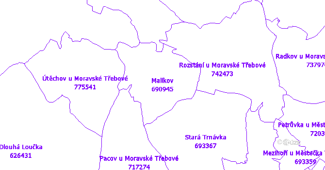 Katastrální mapa Malíkov - přehledová mapa katastrálního území