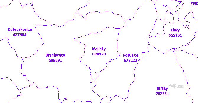 Katastrální mapa Malínky - přehledová mapa katastrálního území