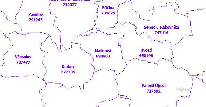 Katastrální mapa Malinová - přehledová mapa katastrálního území