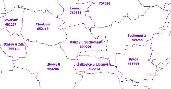 Katastrální mapa Málkov u Suchomast - přehledová mapa katastrálního území