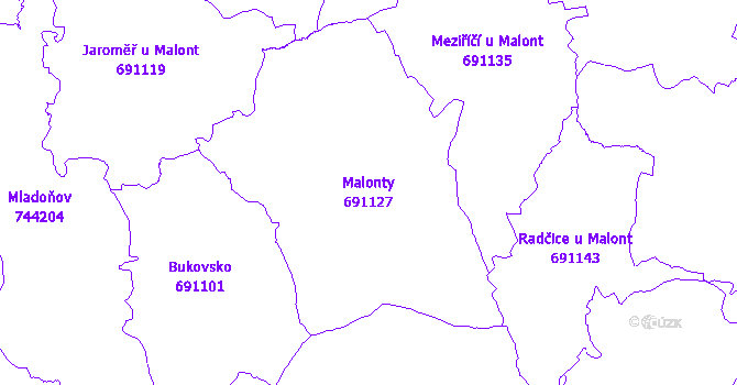 Katastrální mapa Malonty - přehledová mapa katastrálního území