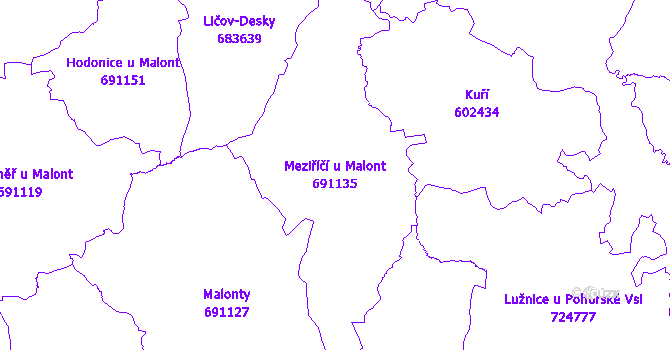 Katastrální mapa Meziříčí u Malont - přehledová mapa katastrálního území