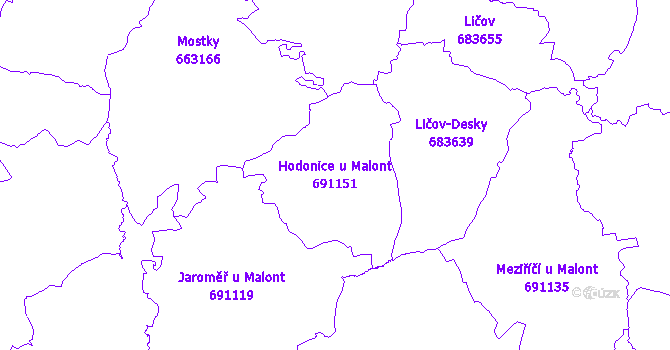 Katastrální mapa Hodonice u Malont - přehledová mapa katastrálního území