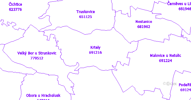 Katastrální mapa Krtely - přehledová mapa katastrálního území
