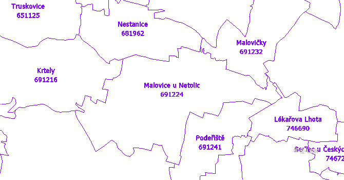 Katastrální mapa Malovice u Netolic - přehledová mapa katastrálního území