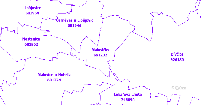 Katastrální mapa Malovičky - přehledová mapa katastrálního území