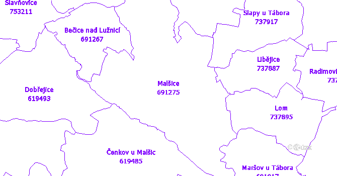 Katastrální mapa Malšice - přehledová mapa katastrálního území