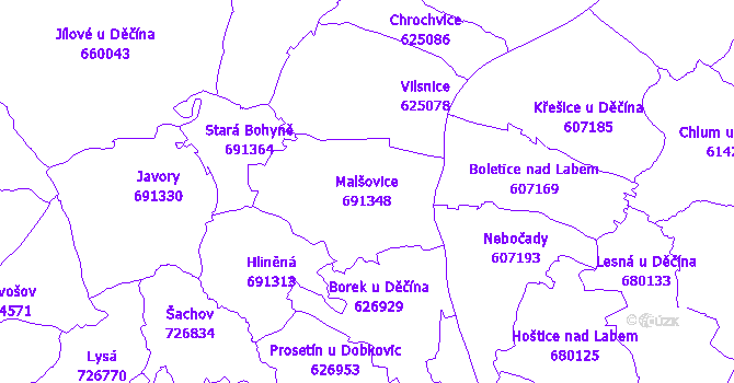 Katastrální mapa Malšovice - přehledová mapa katastrálního území