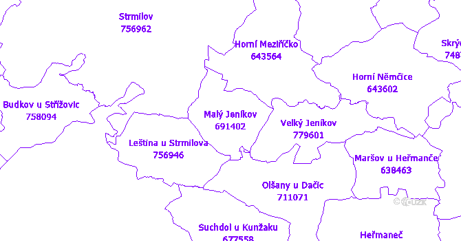 Katastrální mapa Malý Jeníkov - přehledová mapa katastrálního území