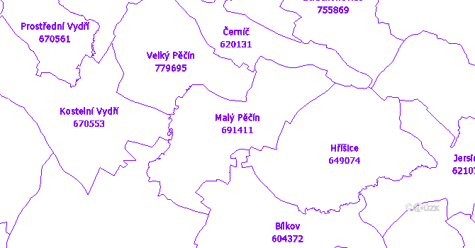 Katastrální mapa Malý Pěčín - přehledová mapa katastrálního území