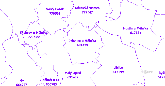 Katastrální mapa Jelenice u Mělníka - přehledová mapa katastrálního území