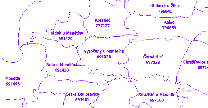 Katastrální mapa Vysočany u Manětína - přehledová mapa katastrálního území