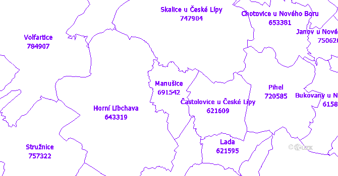 Katastrální mapa Manušice - přehledová mapa katastrálního území