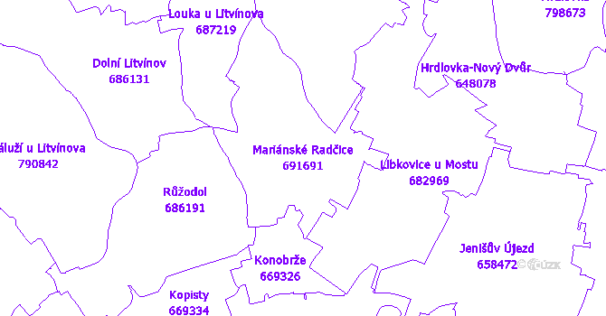 Katastrální mapa Mariánské Radčice - přehledová mapa katastrálního území