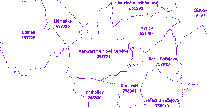 Katastrální mapa Markvarec u Nové Cerekve - přehledová mapa katastrálního území