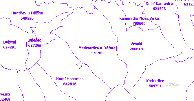 Katastrální mapa Markvartice u Děčína - přehledová mapa katastrálního území
