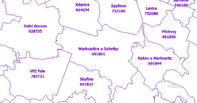 Katastrální mapa Markvartice u Sobotky - přehledová mapa katastrálního území