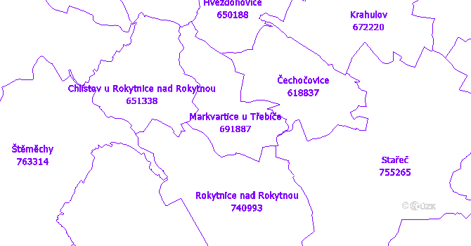 Katastrální mapa Markvartice u Třebíče - přehledová mapa katastrálního území
