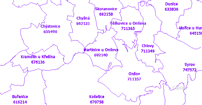Katastrální mapa Martinice u Onšova - přehledová mapa katastrálního území