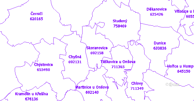 Katastrální mapa Skoranovice - přehledová mapa katastrálního území