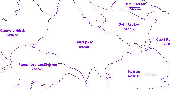 Katastrální mapa Matějovec - přehledová mapa katastrálního území