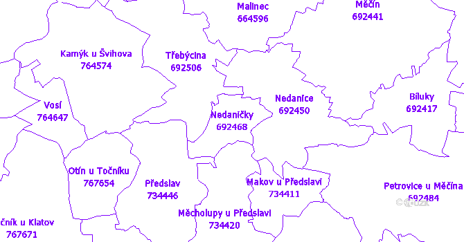 Katastrální mapa Nedaničky - přehledová mapa katastrálního území