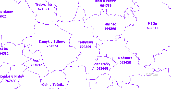 Katastrální mapa Třebýcina - přehledová mapa katastrálního území