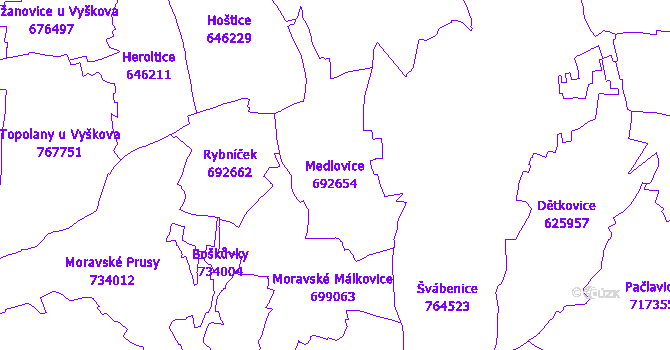 Katastrální mapa Medlovice - přehledová mapa katastrálního území