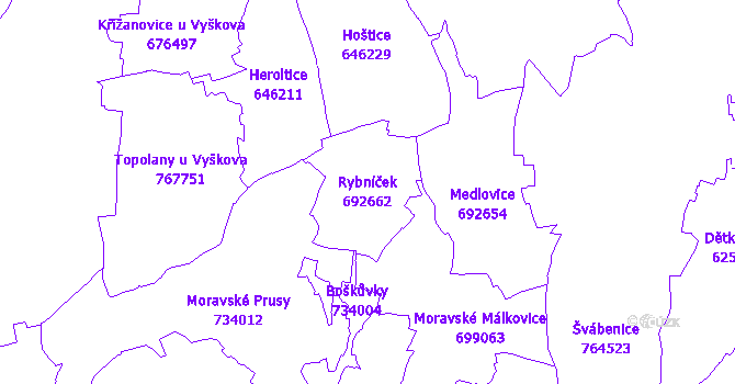 Katastrální mapa Rybníček - přehledová mapa katastrálního území