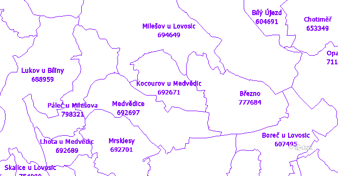 Katastrální mapa Kocourov u Medvědic - přehledová mapa katastrálního území