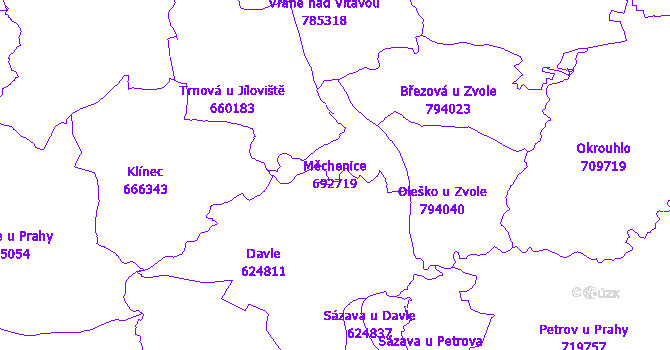 Katastrální mapa Měchenice - přehledová mapa katastrálního území