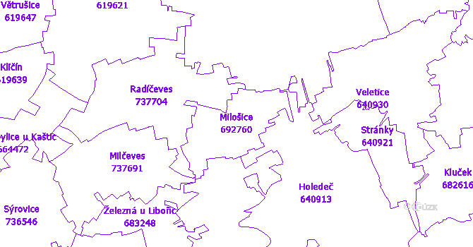 Katastrální mapa Milošice - přehledová mapa katastrálního území
