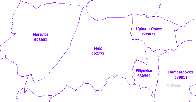 Katastrální mapa Melč - přehledová mapa katastrálního území