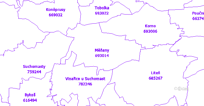 Katastrální mapa Měňany - přehledová mapa katastrálního území