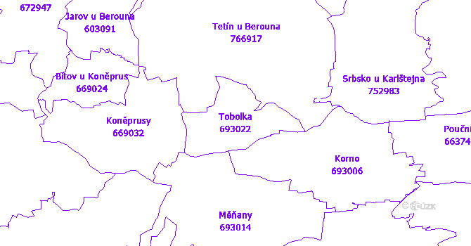 Katastrální mapa Tobolka - přehledová mapa katastrálního území