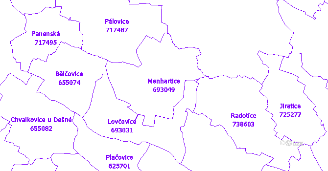 Katastrální mapa Menhartice - přehledová mapa katastrálního území